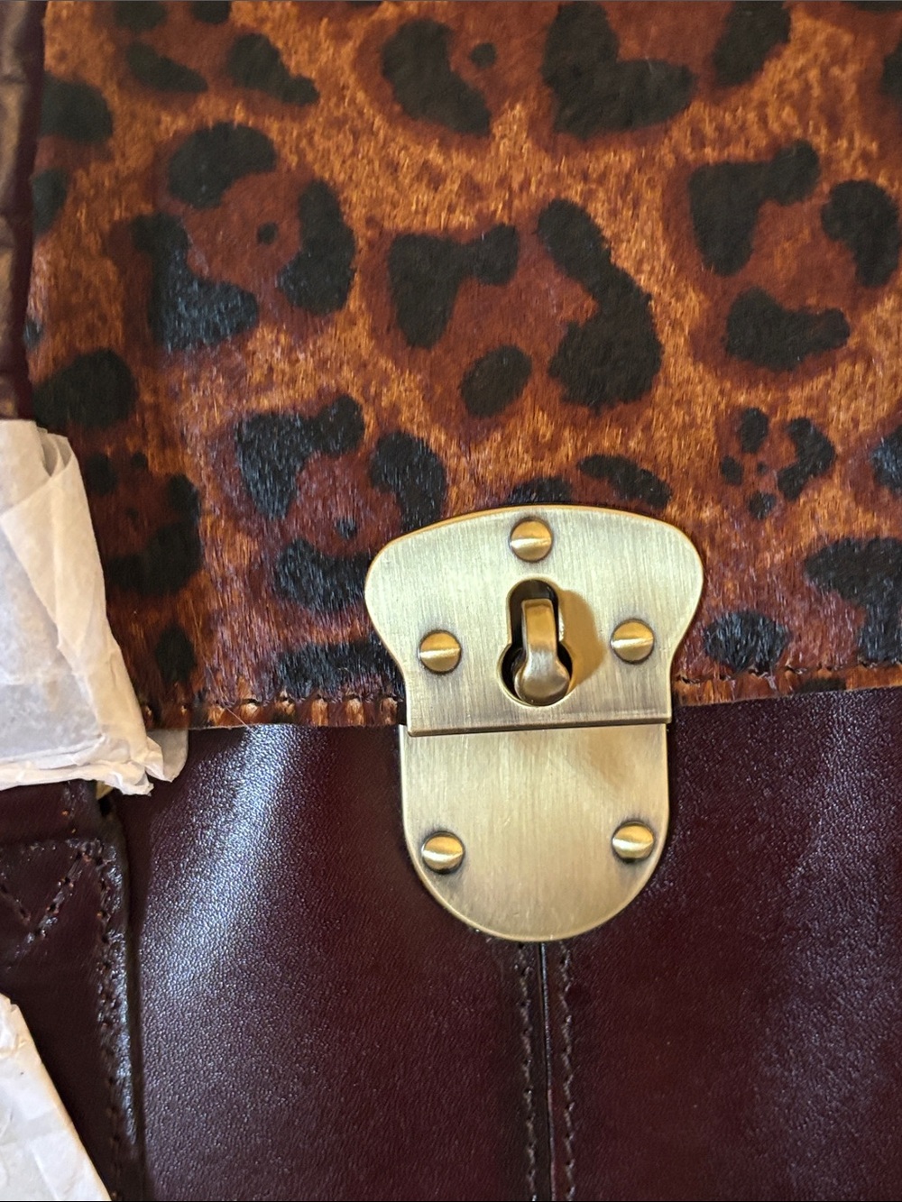 Patricia Nash Brown Leather Satchel with Leopard Print Flap and Gold Hardware - Picture 7 of 12